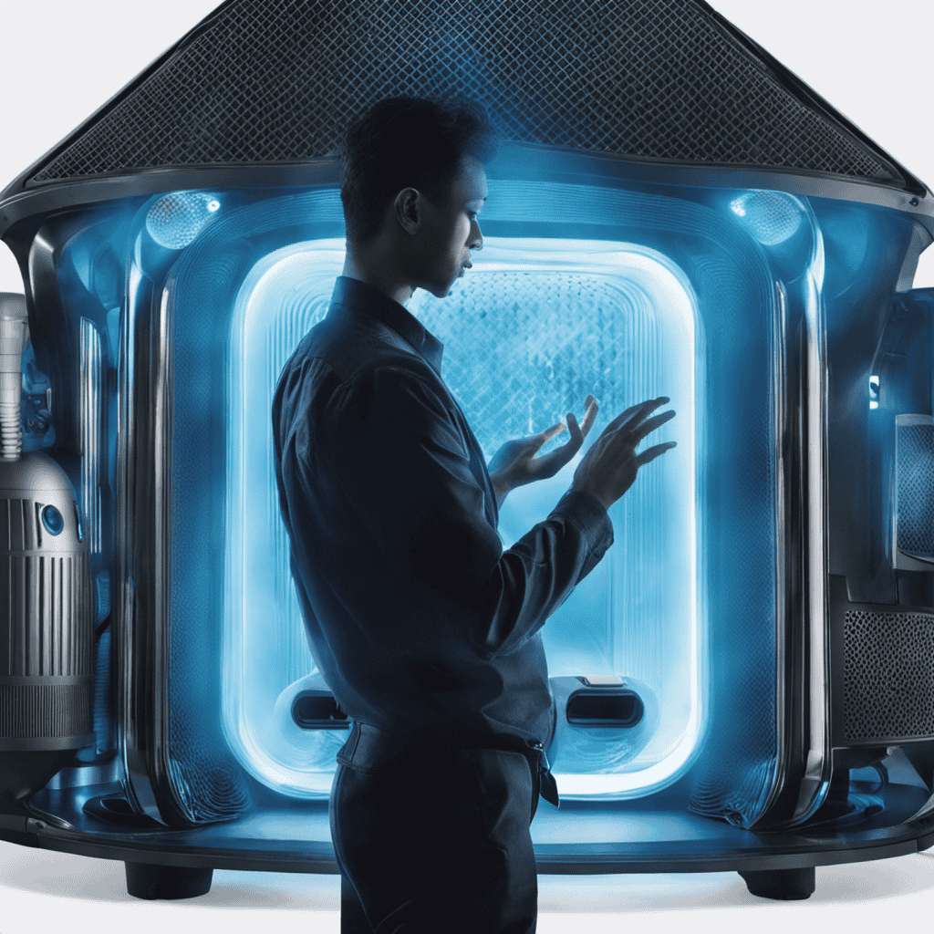 An image of a person holding their hand close to an air purifier, with a visible blue glow emitting from the purifier
