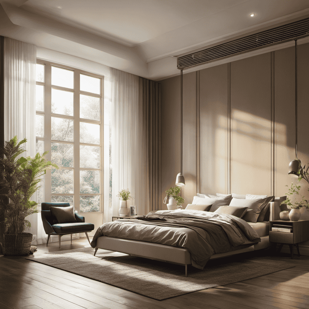 An image depicting a serene bedroom environment, with soft sunlight streaming through clean windows, dust particles suspended in the air, and an air purifier quietly humming in the corner, effectively capturing and eliminating the pollutants