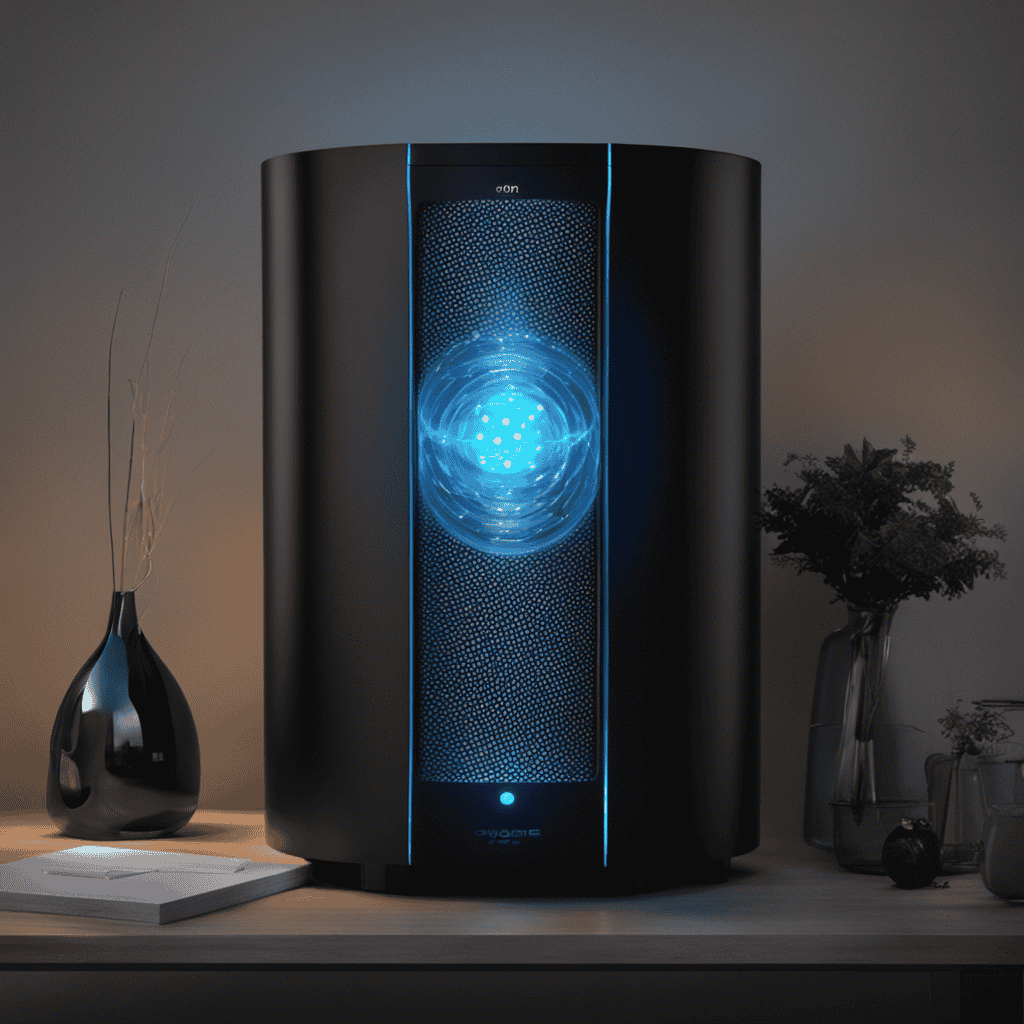 An image showcasing an air purifier emitting a faint blue glow, surrounded by a molecular diagram illustrating the transformation of oxygen molecules into ozone
