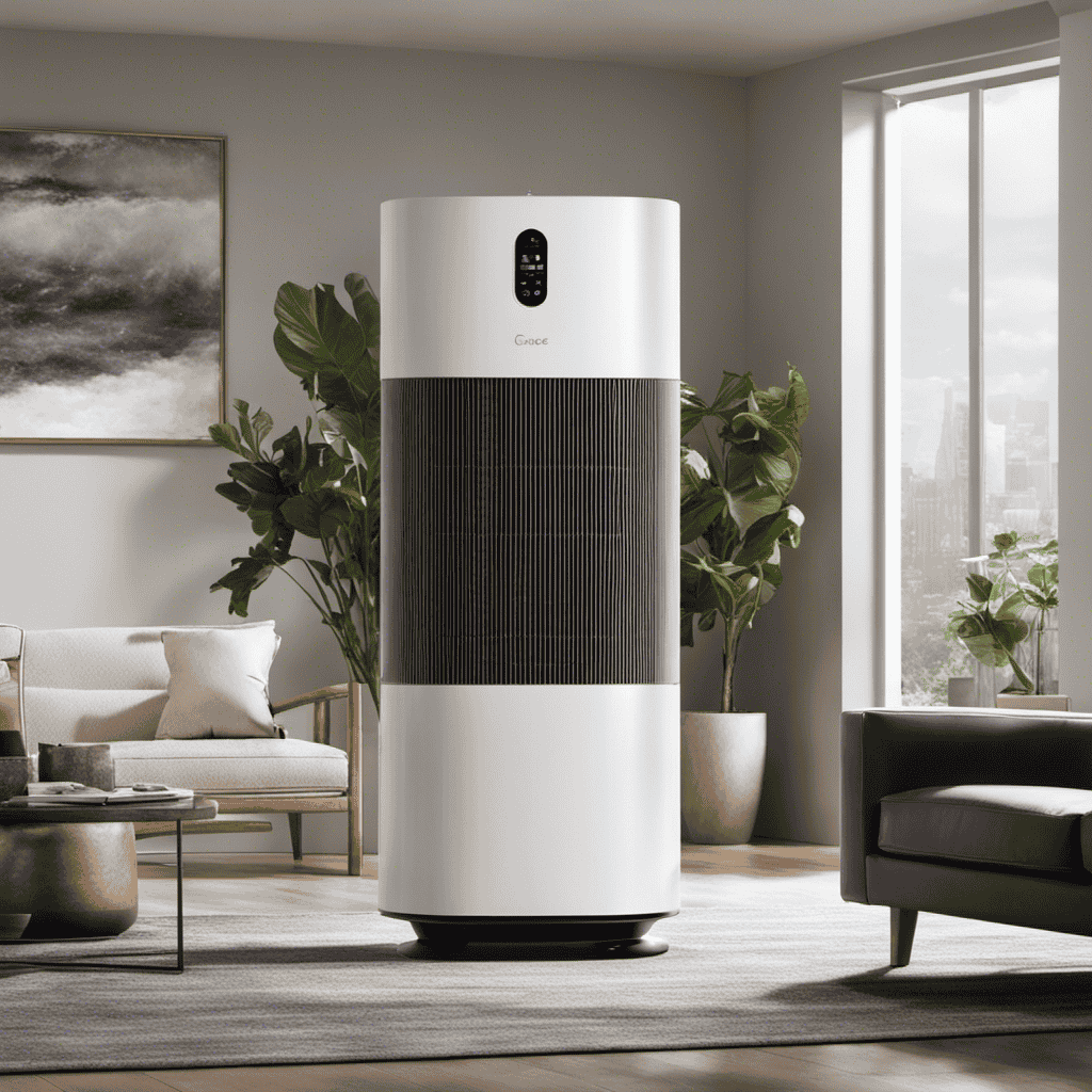 An image showcasing a room with a visible air purifier emitting clean, purified air