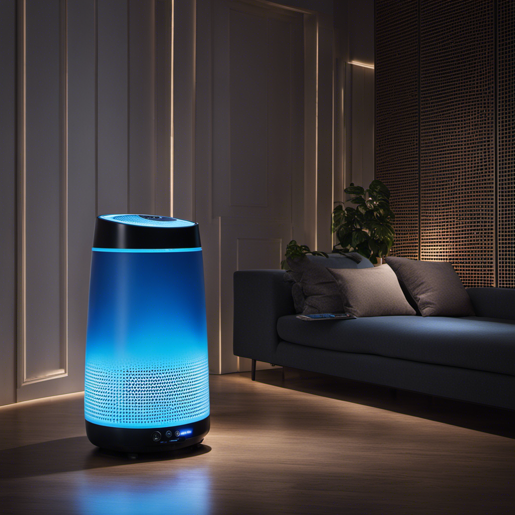An image showcasing a dimly lit room with a Sharp Air Purifier Plasmacluster gently emitting a blue glow, surrounded by visibly purified air particles floating freely, indicating its active functionality
