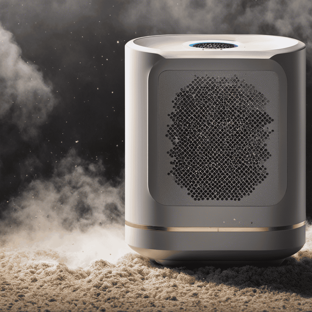 An image depicting an air purifier with a dirty filter, surrounded by a cloud of dust particles