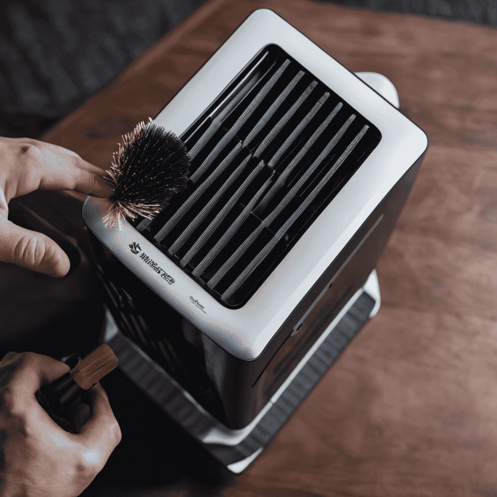 An image showcasing a person wearing gloves, using a soft brush to delicately remove dust from the air purifier filters