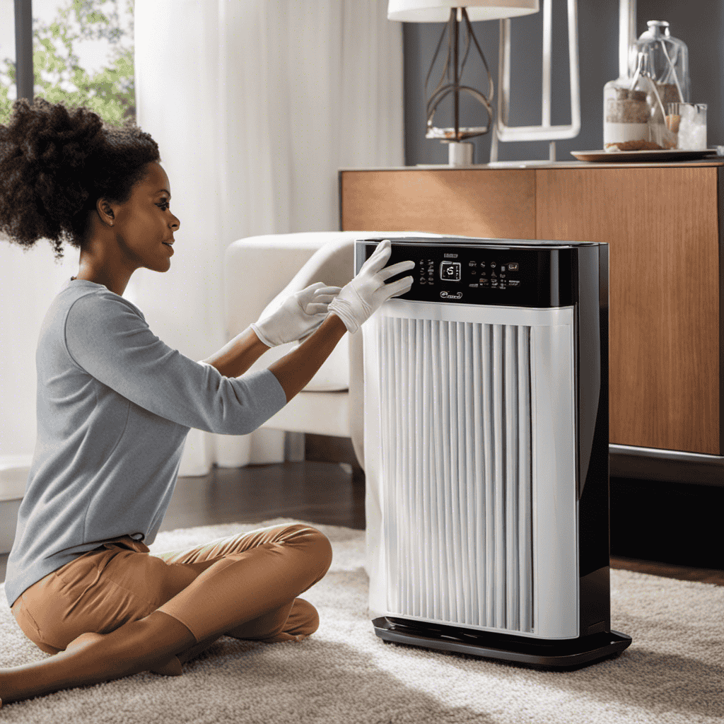 An image showcasing a person gently removing the filter from a living air purifier, with their gloved hands holding the dusty filter