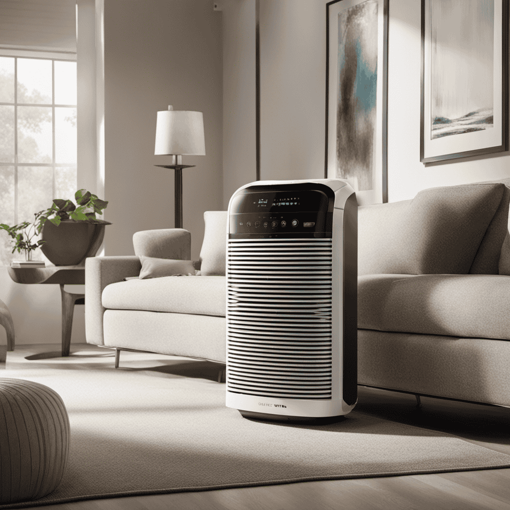 An image capturing an air purifier placed on a clean, elevated surface, surrounded by a clutter-free environment