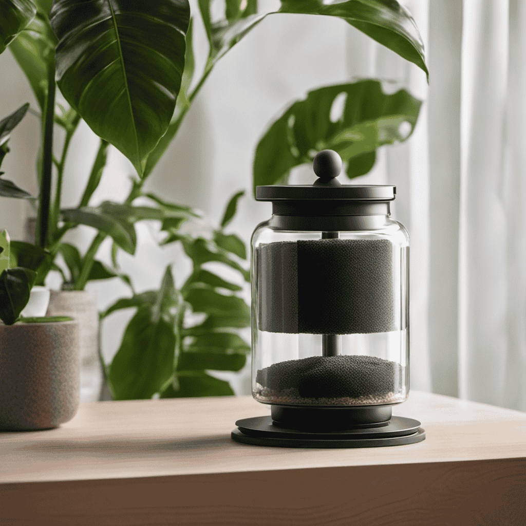 An image showcasing a DIY air purifier setup: a clear glass jar filled with activated charcoal, a small fan mounted on top, and a fabric filter attached to the fan, effectively purifying the air
