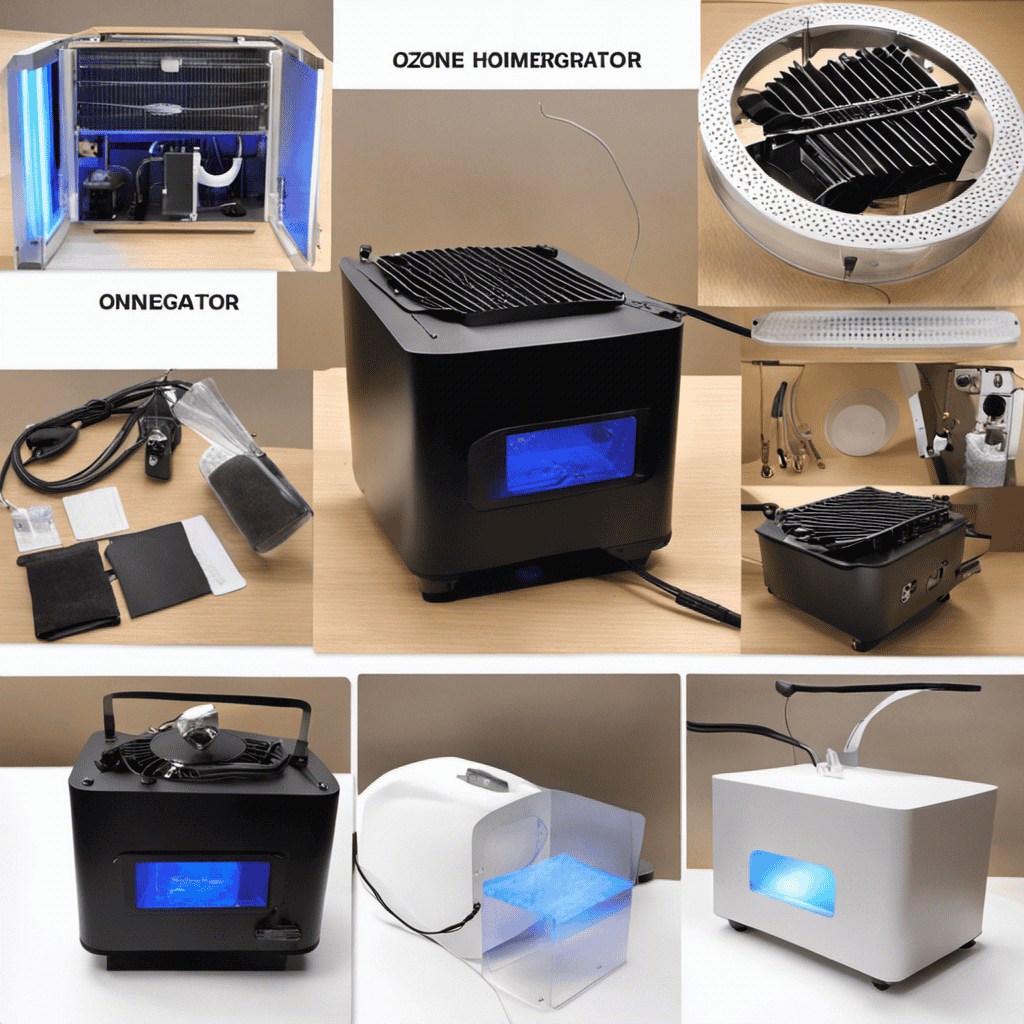 An image showcasing the step-by-step process of assembling a homemade ozone generator: A compact device with a fan, UV light, and carbon filter, emitting purified air into a serene room environment
