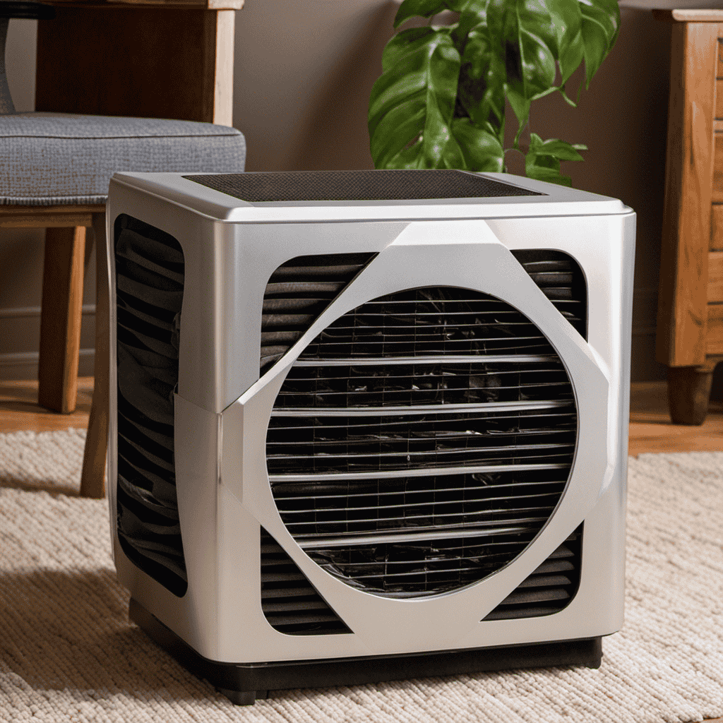 An image of a DIY air purifier made from a box fan, a furnace filter, and duct tape