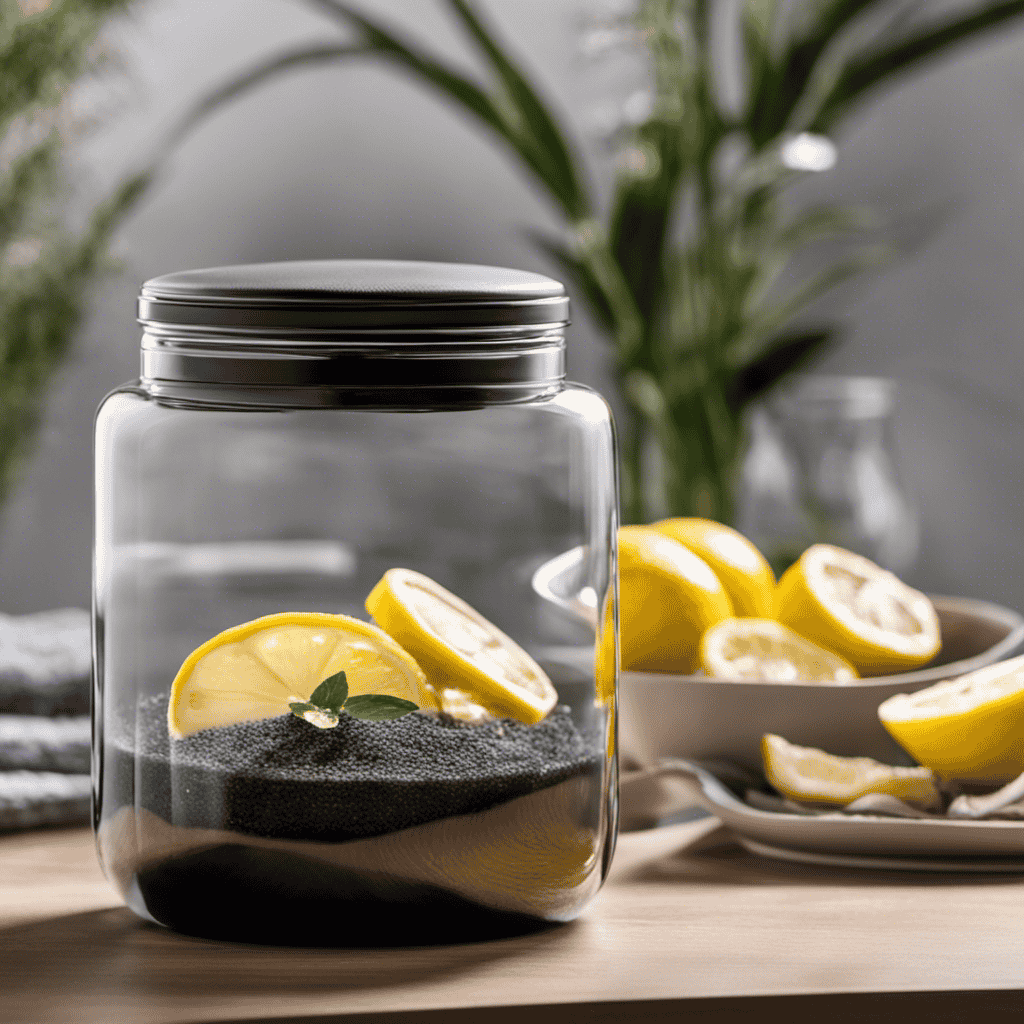 An image showcasing a transparent glass jar filled with vibrant, gel-like agar infused with natural deodorizing ingredients like lemon slices, lavender petals, and activated charcoal, placed next to a sleek air purifier in a cozy home setting