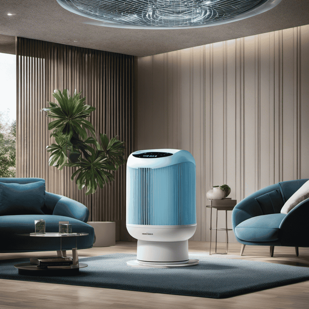 An image showcasing an air purifier emitting a refreshing breeze, with icy blue hues and swirling gusts surrounding it