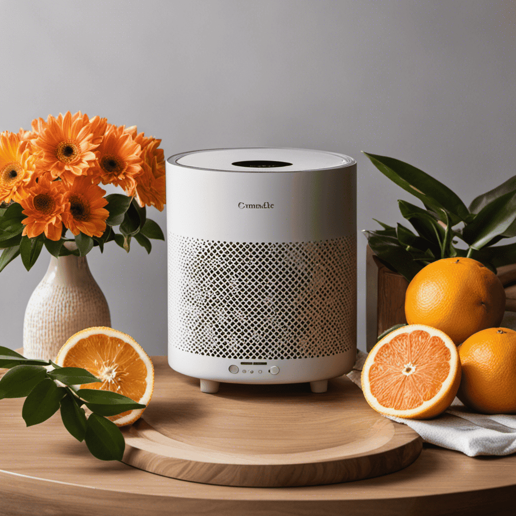 An image that showcases a stylish air purifier in a well-lit room, surrounded by fresh flowers, a bowl of citrus fruits, and a scented candle, emitting a pleasant aroma, emphasizing the idea of making air purifiers smell good