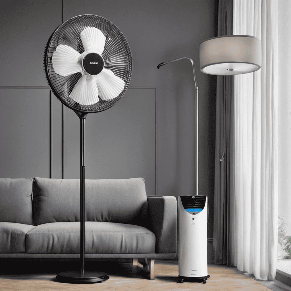 An image that showcases a step-by-step visual guide on transforming a standing fan into an air purifier