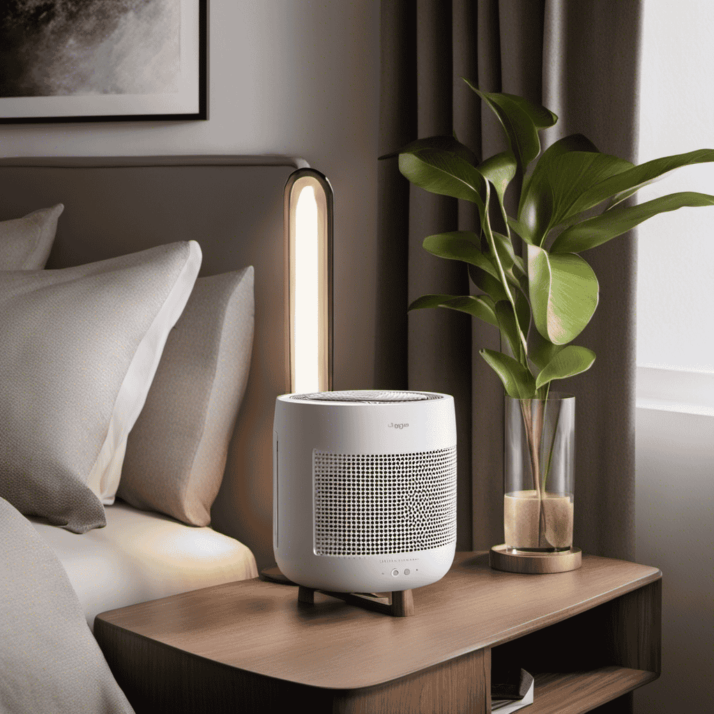 An image showcasing a sleek, compact air purifier placed on a bedside table