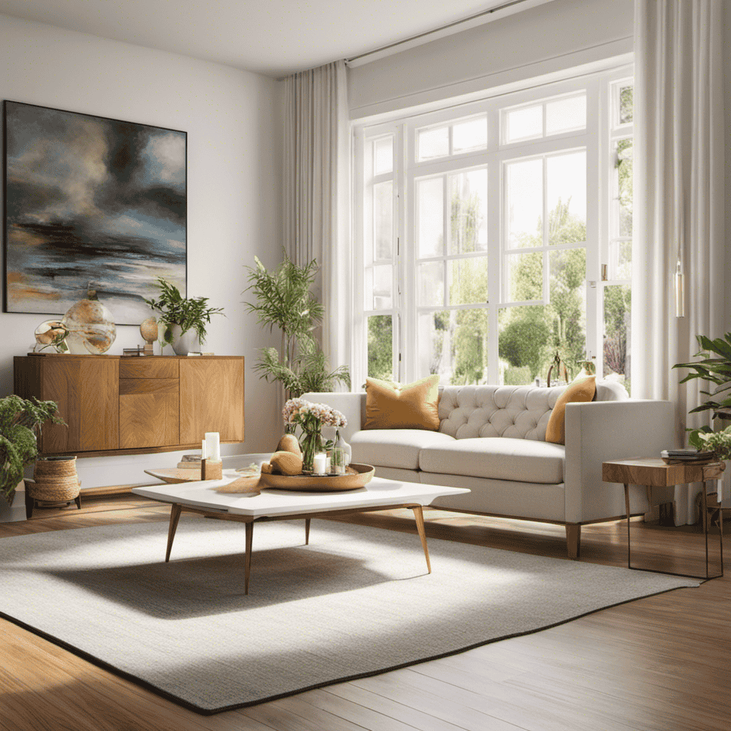 An image featuring a serene living room with rays of sunlight streaming through clean windows, showcasing a beautifully scented air purifier surrounded by fresh flowers, aromatic essential oils, and a bowl of citrus fruits