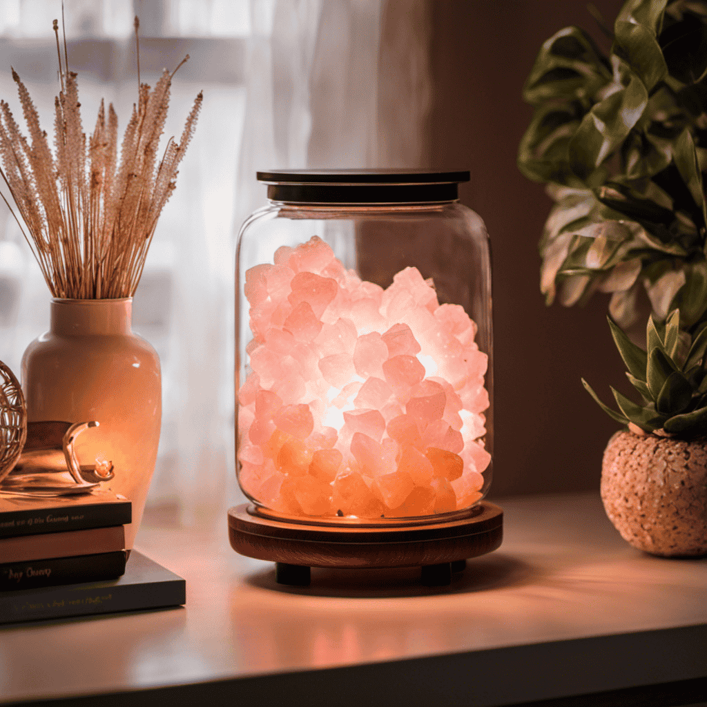 A vivid image showcasing a DIY salt air purifier: A glass jar filled with pink Himalayan salt crystals, a small fan gently blowing air over them, and the soft glow of a natural salt lamp in the background