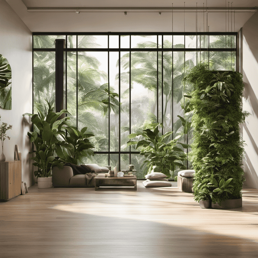 An image that showcases a well-ventilated room with an air purifier strategically placed in the corner, surrounded by plants
