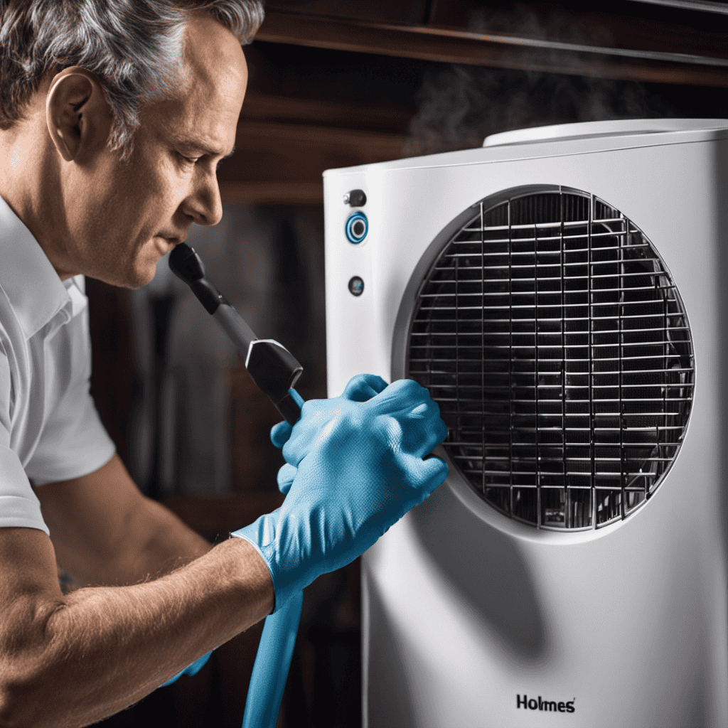 An image showcasing a person wearing protective gloves and holding a screwdriver, gently removing the front grille of a large Holmes air purifier