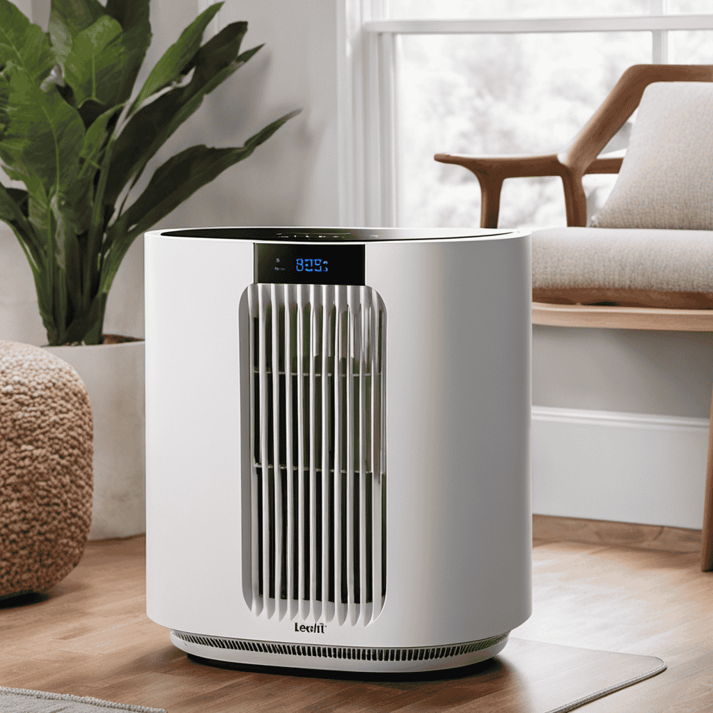 An image capturing the step-by-step process of opening a Levoit Air Purifier: hands firmly gripping the purifier's sides, thumbs pushing down on the top latch, and the purifier gradually unlocking with a satisfying click