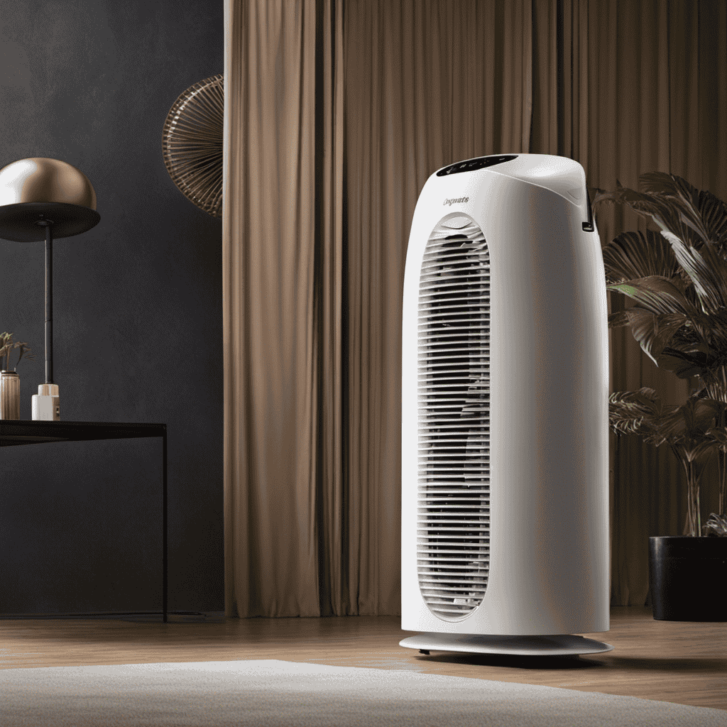 An image depicting a person standing in front of an air purifier, holding a remote control