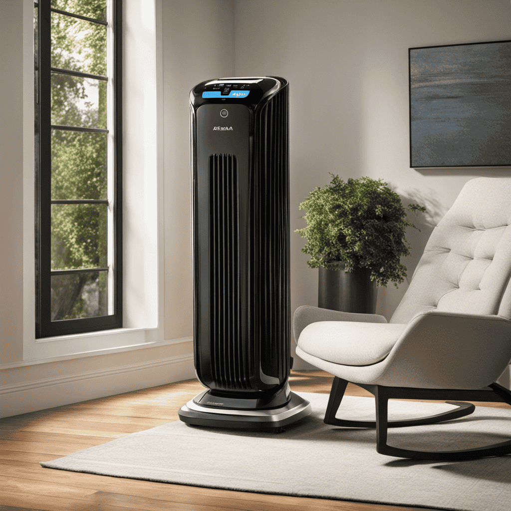 An image showcasing a person effortlessly adjusting the Aeramax Dx55 Air Purifier's settings with intuitive touch controls, while the device emits a gentle, purified air flow, improving the surrounding environment