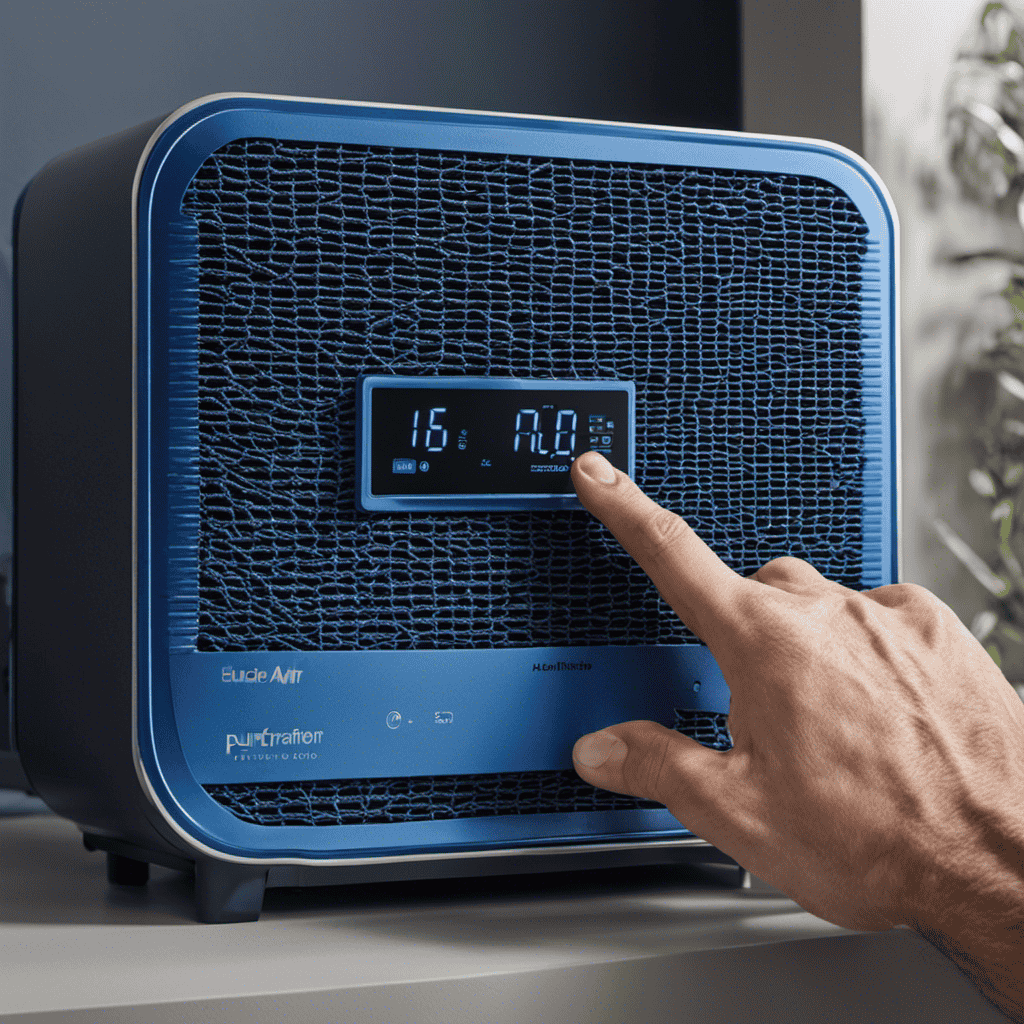 An image focusing on a pair of hands delicately unscrewing the back panel of a Blue Air Purifier, revealing a dusty filter waiting to be cleaned, showcasing the step-by-step process for maintaining optimal air quality