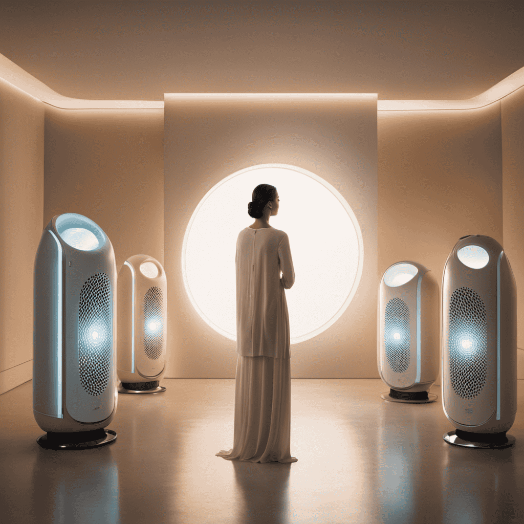 An image showcasing a person standing in a well-lit room, surrounded by various air purifiers of different sizes and designs