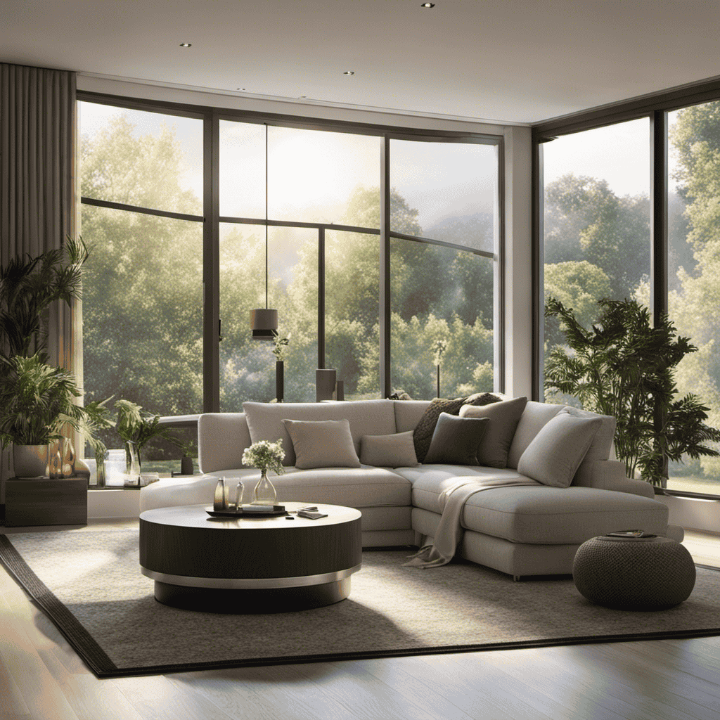 An image showcasing a well-lit living room with an air purifier placed near a window, capturing the sunlight filtering through the clean air