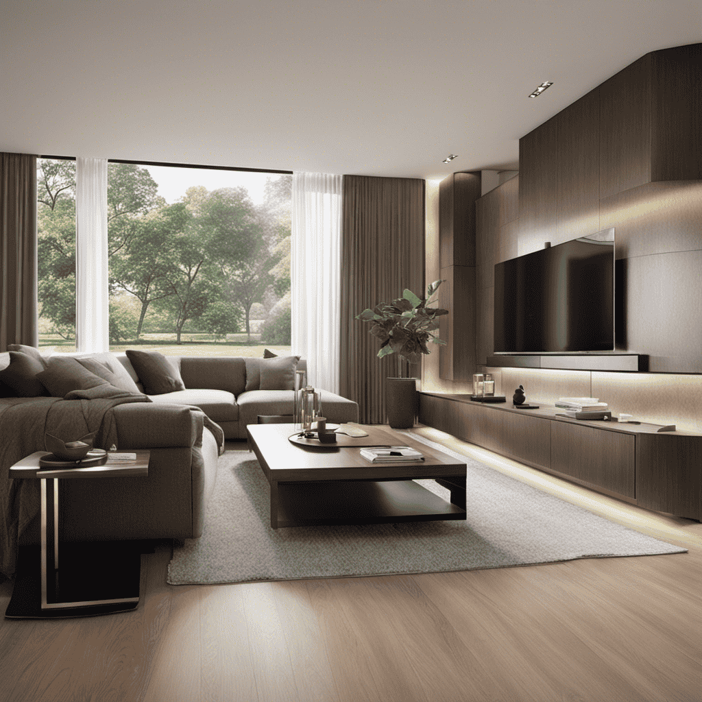 An image showcasing a spacious living room, with an air purifier placed near a window, capturing the natural light