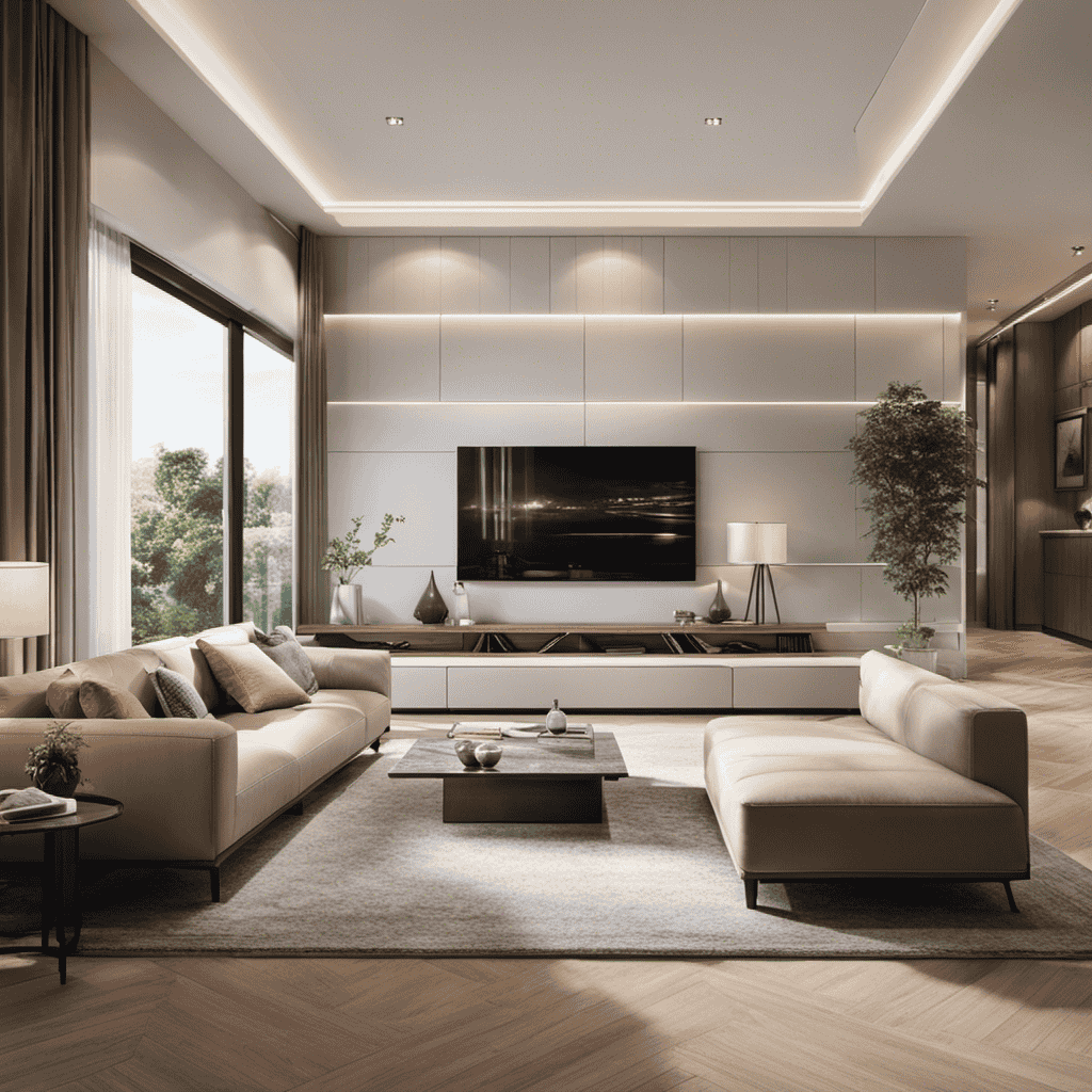 An image showcasing a spacious living room with an air purifier positioned in a strategic corner, surrounded by clean and fresh air