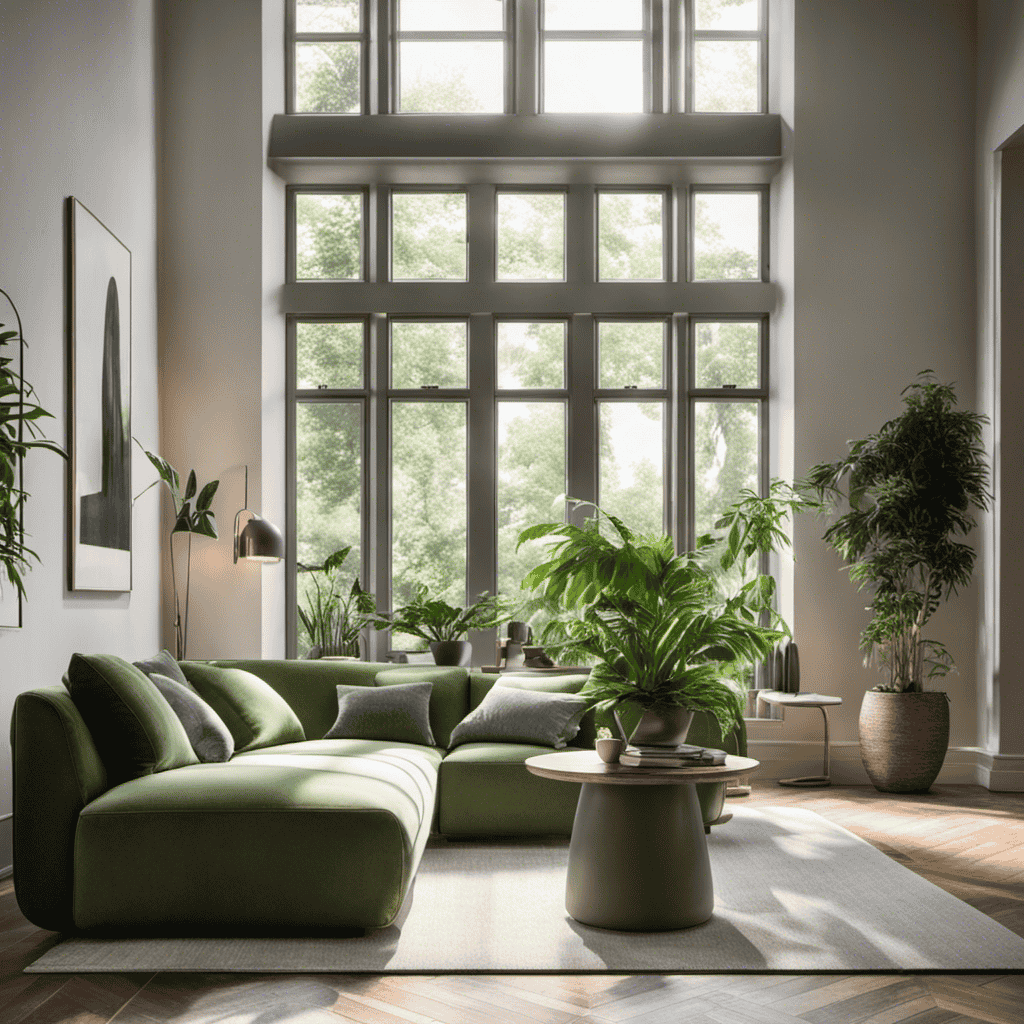 An image that showcases a serene living room with large open windows, adorned with vibrant green indoor plants