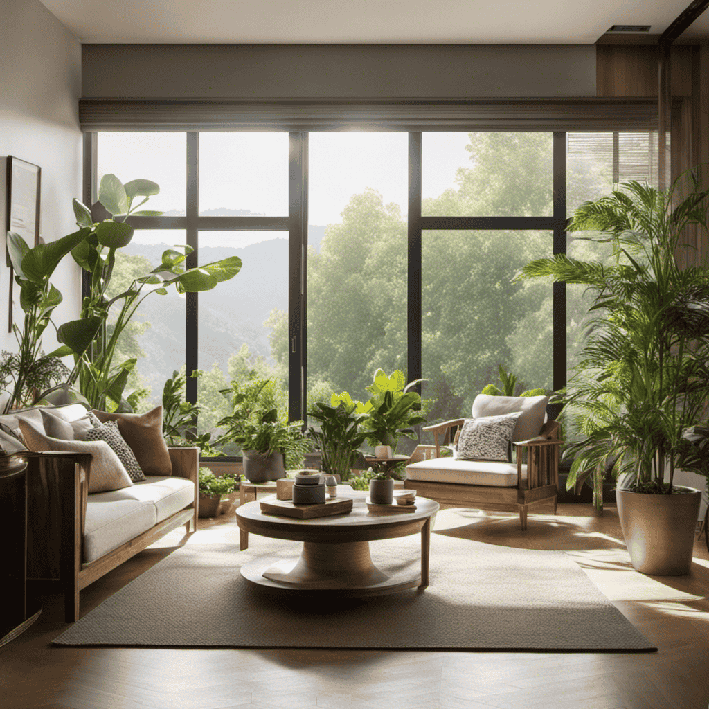 An image showcasing a serene living room with an open window, gently blowing curtains, lush potted plants strategically placed around the room, and natural sunlight streaming in, illustrating effective ways to purify air without an air purifier