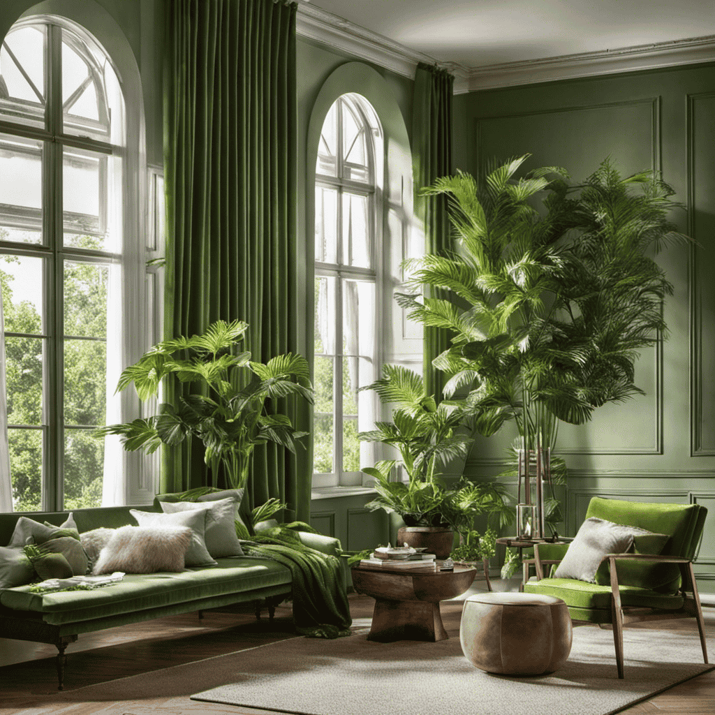 An image showcasing a well-lit room with large, open windows adorned with sheer curtains billowing gently in the breeze, as vibrant green plants are strategically placed throughout, effortlessly purifying the air