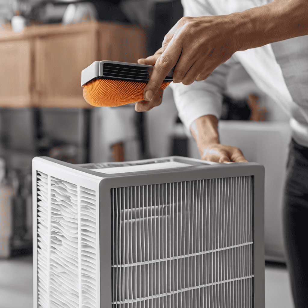 An image showcasing a hands-on demonstration of inserting a new air filter into an air purifier