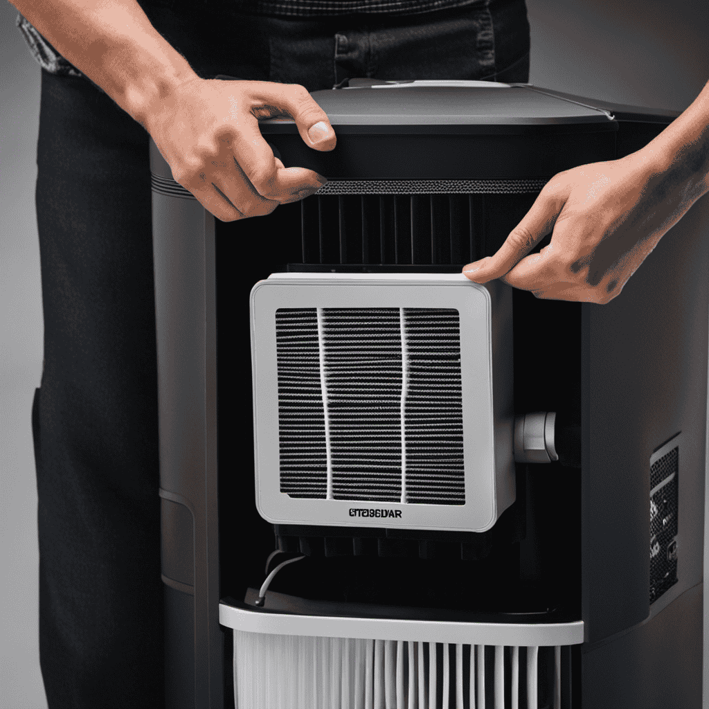 An image showing a pair of hands holding an air filter with labeled arrows illustrating the step-by-step process of inserting the filter into an air purifier