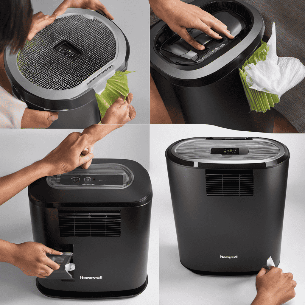 An image showcasing the step-by-step process of removing and recycling the used filter from a Honeywell Air Purifier