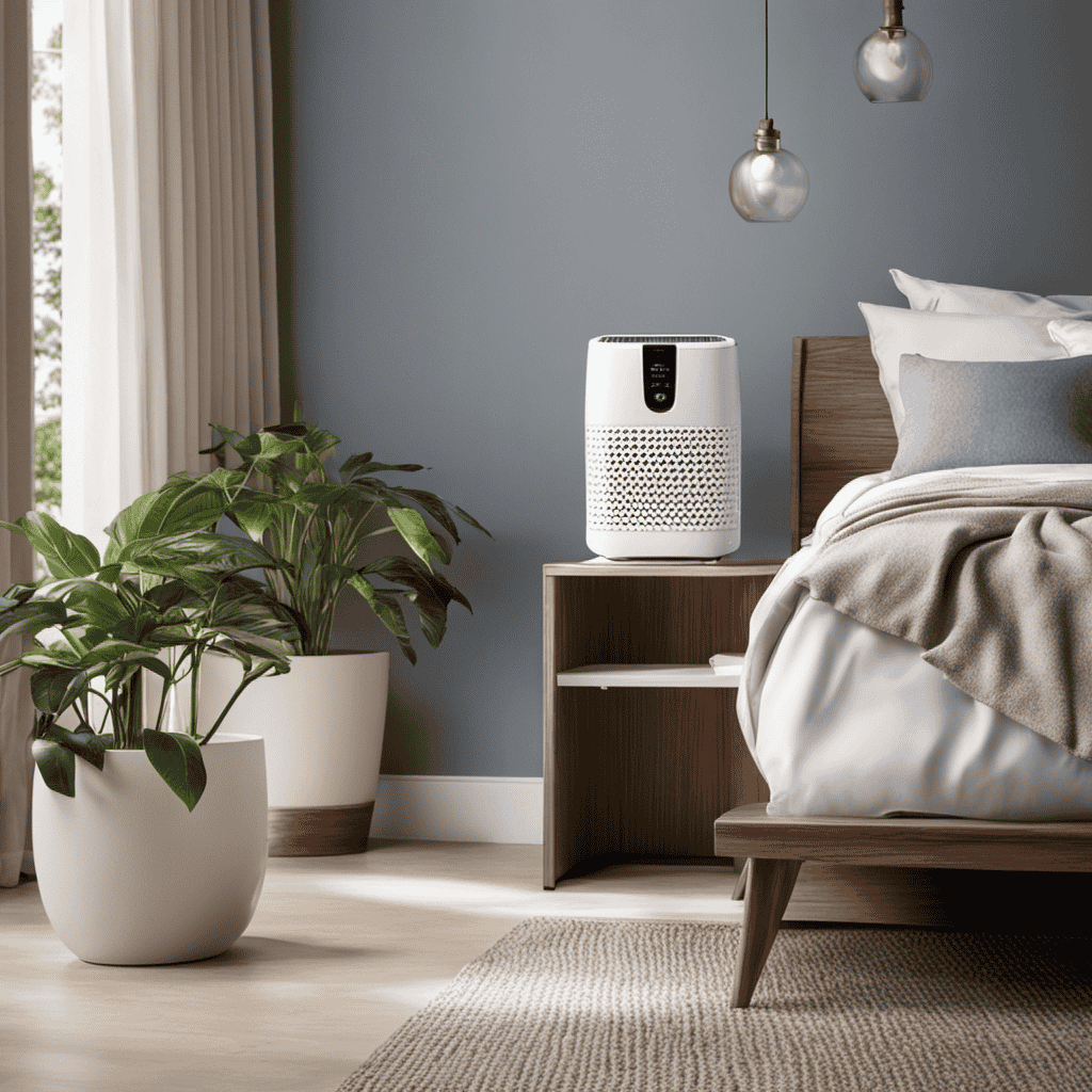 An image showcasing a portable commercial air purifier fitted with noise-reducing foam padding, positioned in a serene bedroom setting
