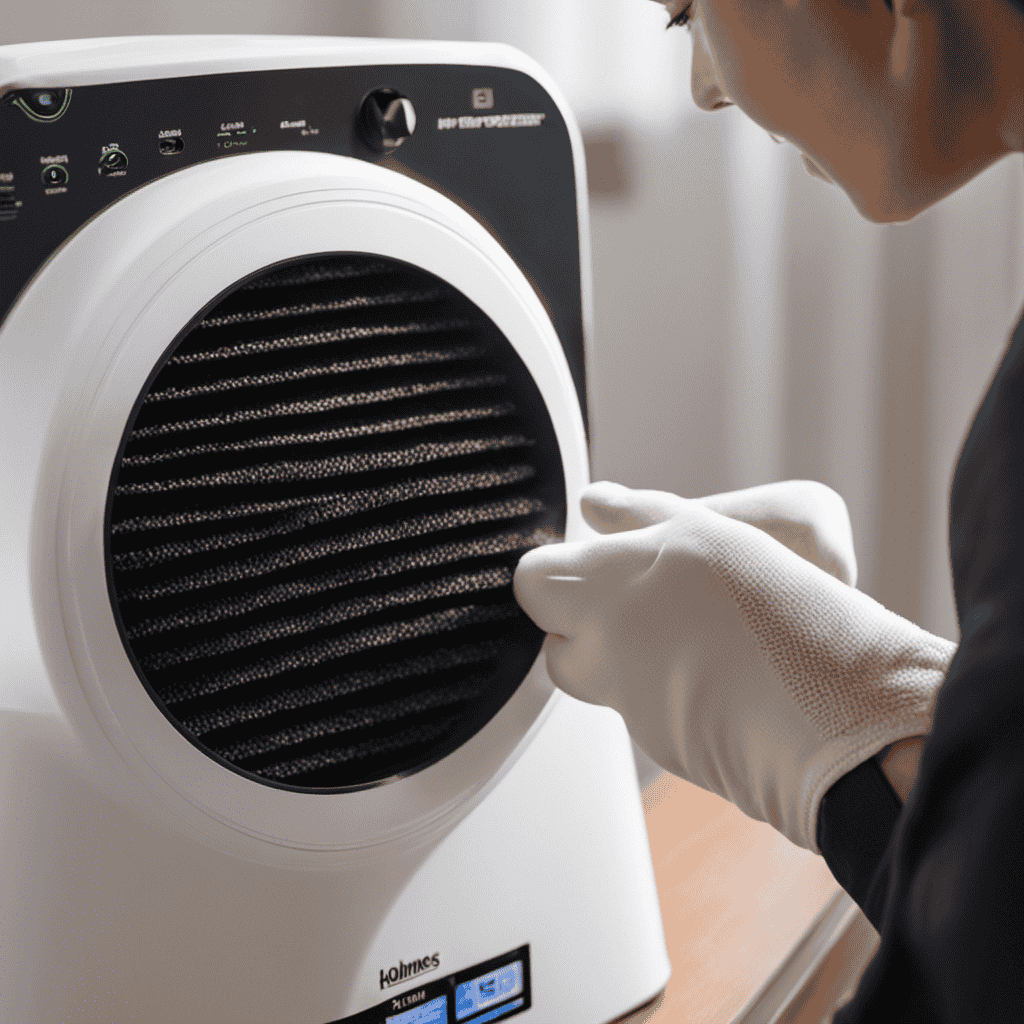 An image showcasing a person using gloves to gently remove accumulated dust from the Holmes air purifier filters
