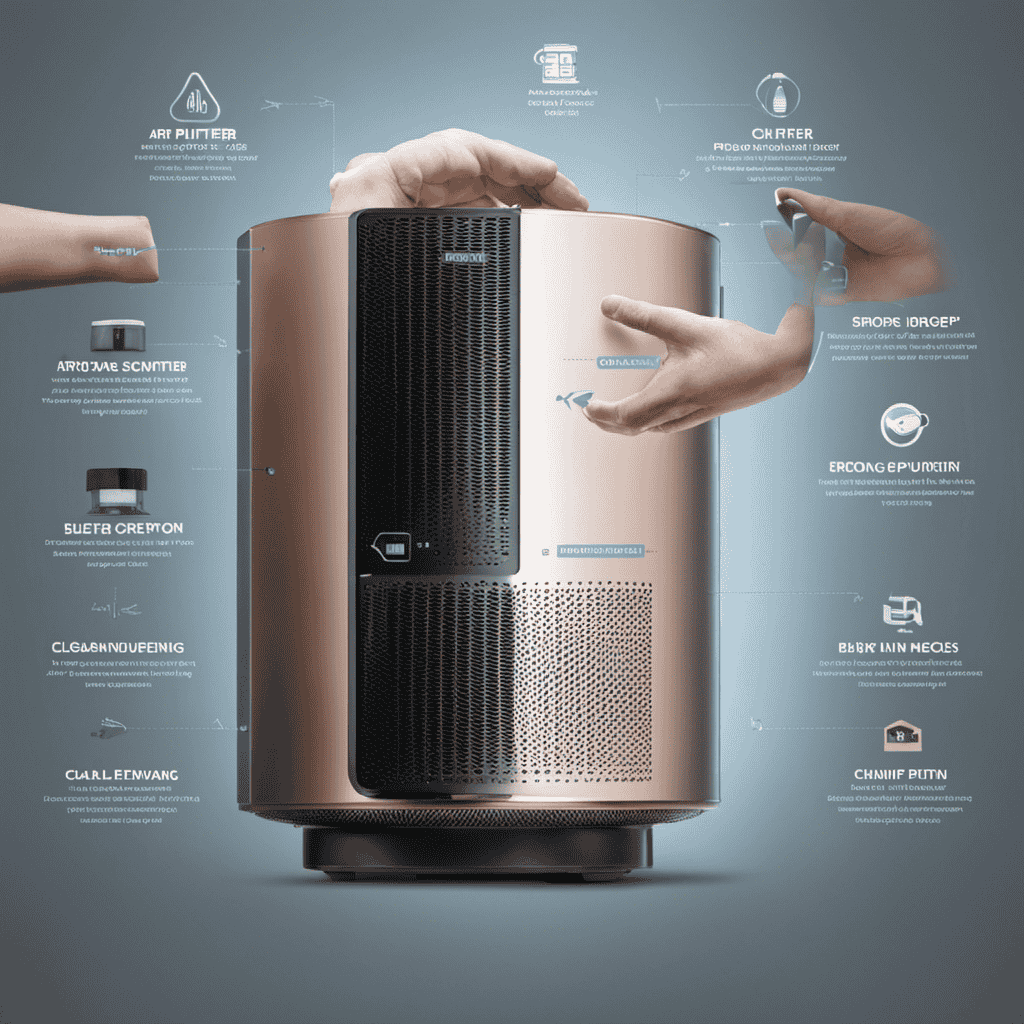 An image showcasing a hand holding an air purifier filter, with arrows pointing to each step of removing the filter, cleaning it thoroughly, and replacing it back into the purifier