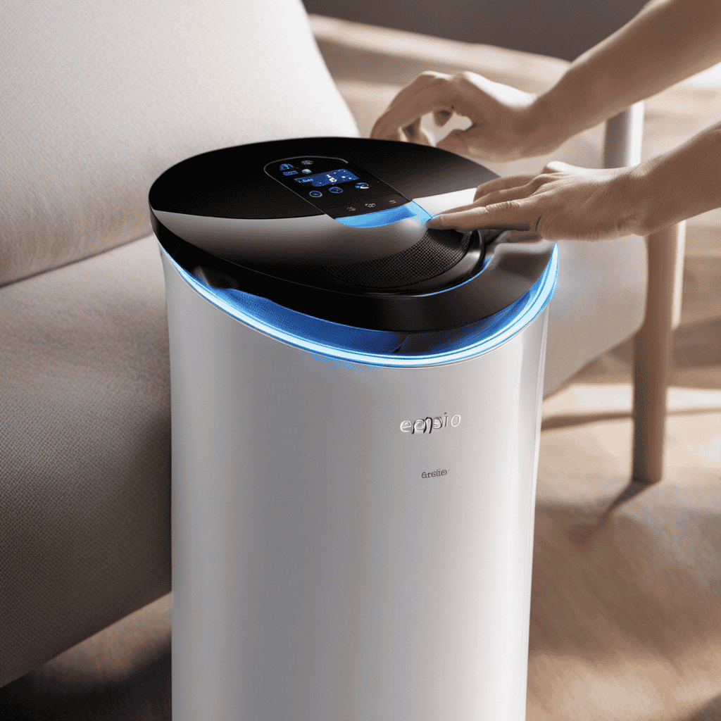 An image showcasing a person's hand firmly gripping the Epi810 air purifier, while delicately unscrewing the LED light cover