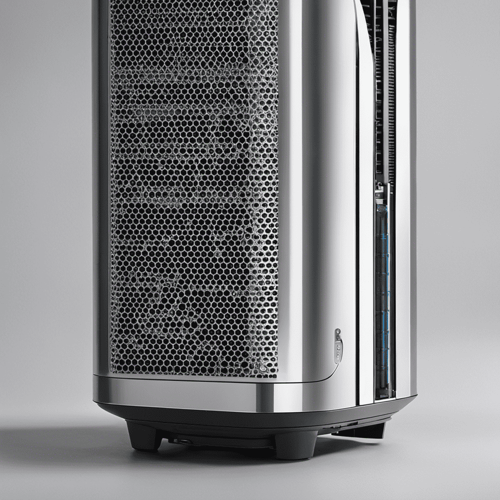 An image displaying a close-up view of a disassembled Hunter Tower Air Purifier, with precise visuals of the repair process: fan removal, cleaning, motor assembly, filter replacement, and reassembly