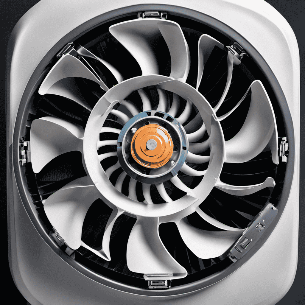 An image depicting a close-up view of an air purifier's internal components, focusing on the broken fan