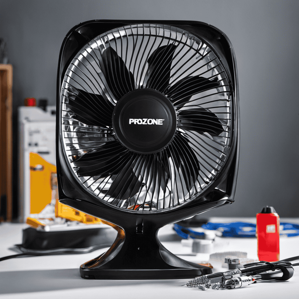 An image showcasing a close-up shot of a disassembled Prozone Air Purifier fan, with tools like screwdrivers, pliers, and a replacement fan nearby, illustrating step-by-step instructions for repairing it