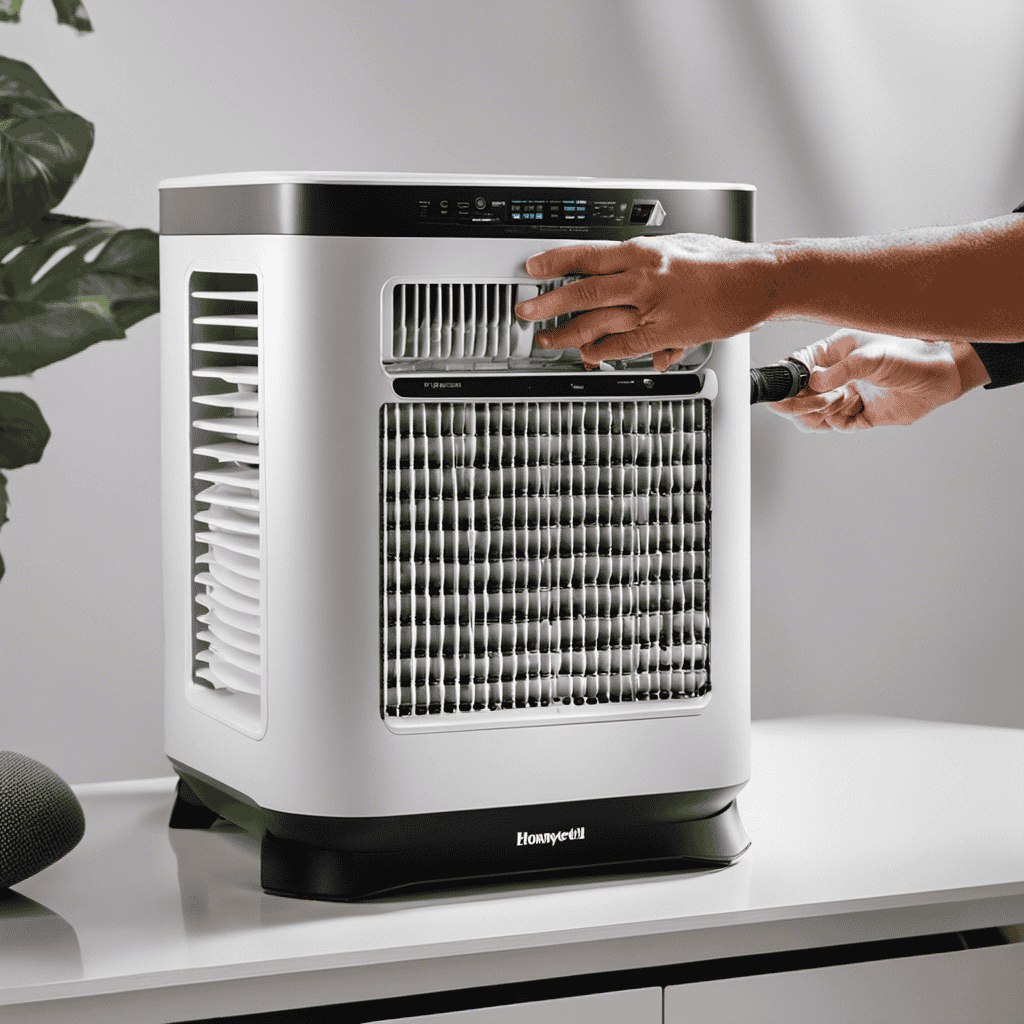 An image depicting a close-up of expert hands disassembling a Honeywell Air Purifier, revealing its internal components and filters