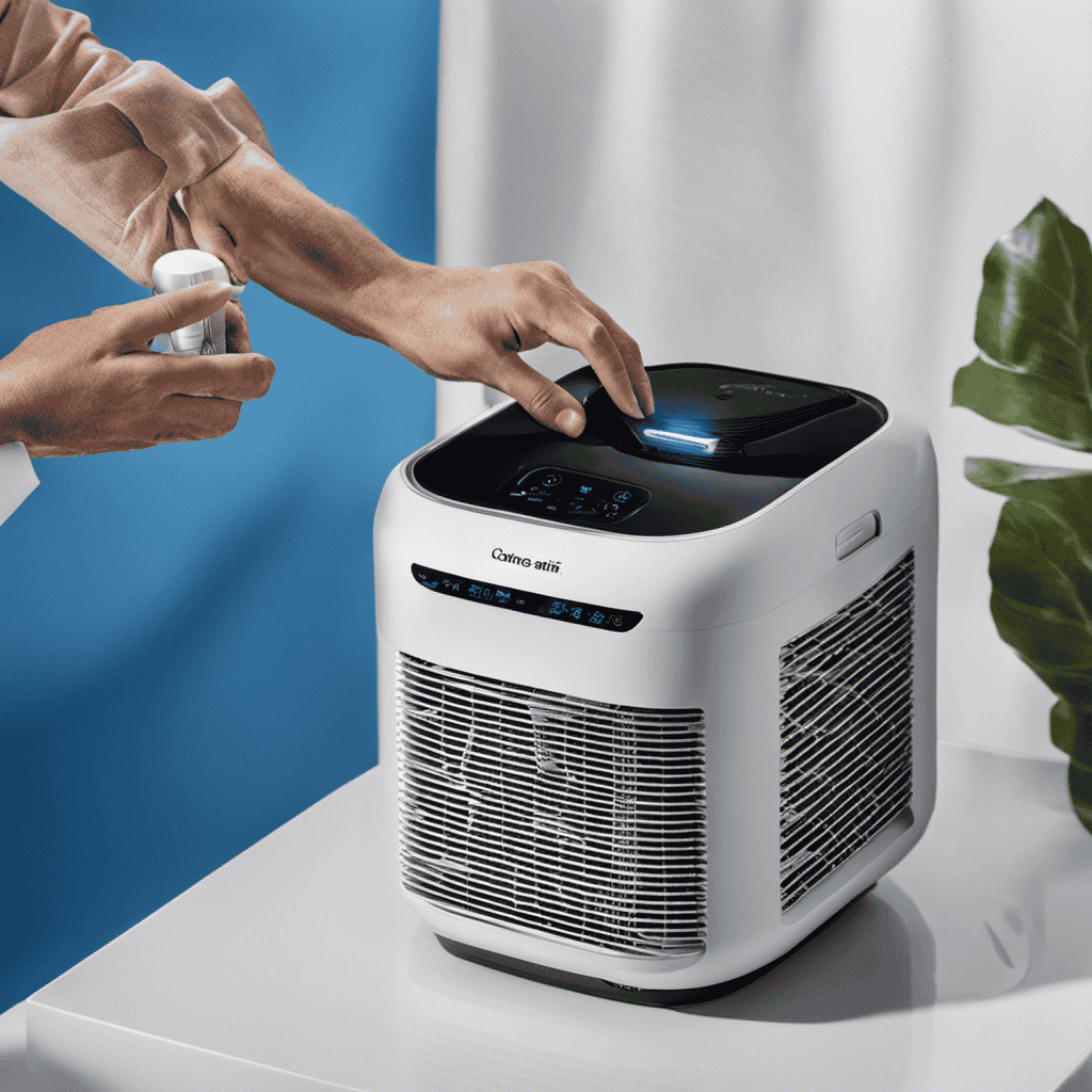 An image showcasing a pair of hands delicately removing the front cover of a Blue Air Pro M purifier, while another pair of hands gently pulls out the old filter, ready to be replaced with a fresh one
