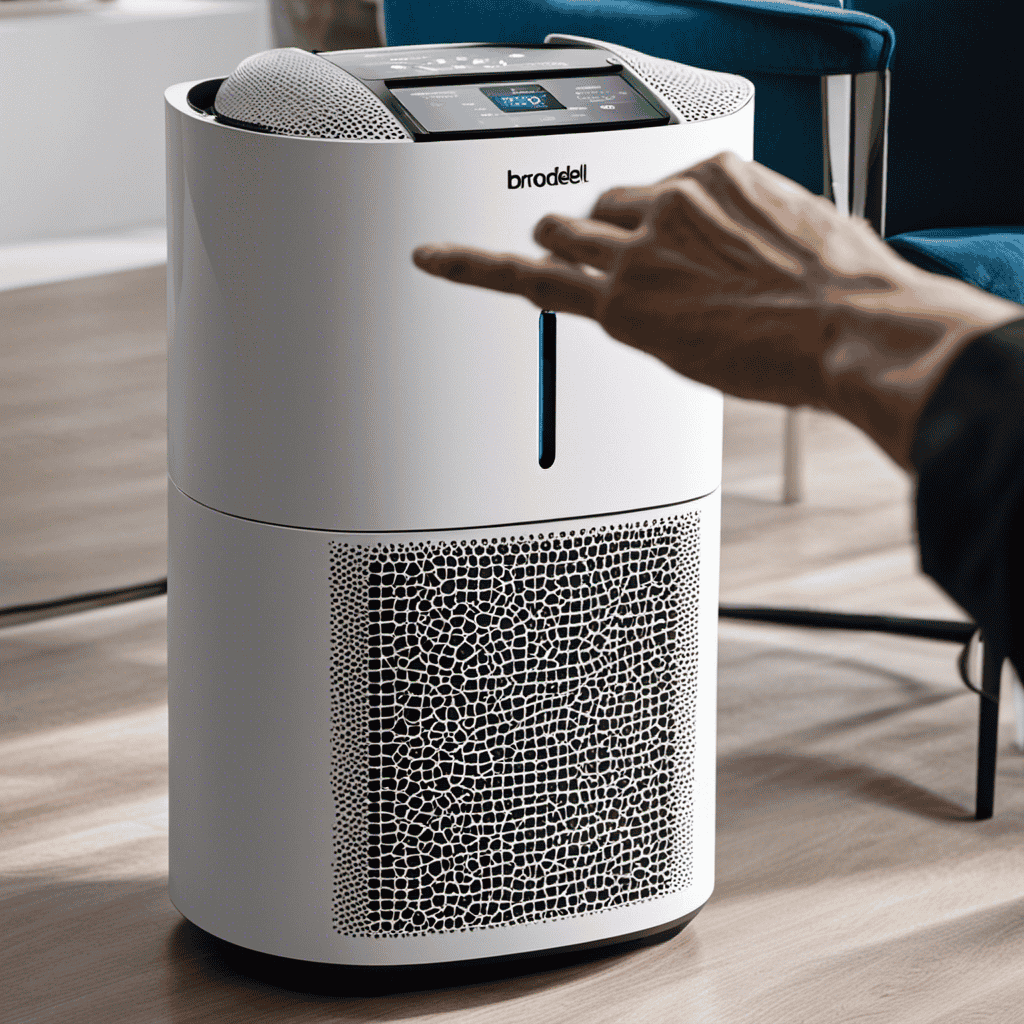 An image showcasing a person pressing and holding the reset button on a Brondell Air Purifier, while simultaneously unplugging and plugging it back in