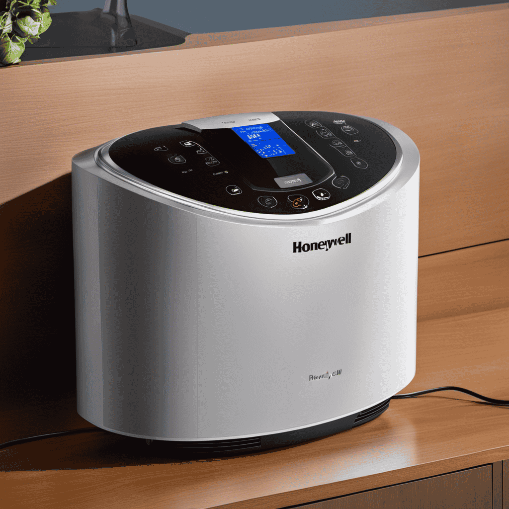 An image showcasing a person pressing and holding the reset button located on the Honeywell air purifier control panel, with the device's power indicator light turning off and on, illustrating the step-by-step process of resetting