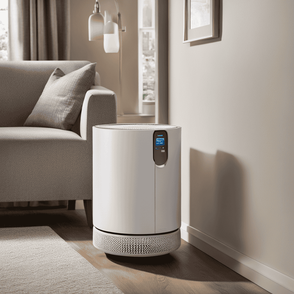 An image showcasing a person gently pressing and holding the power button of an Afloia air purifier, while simultaneously unplugging its power cord from the wall socket