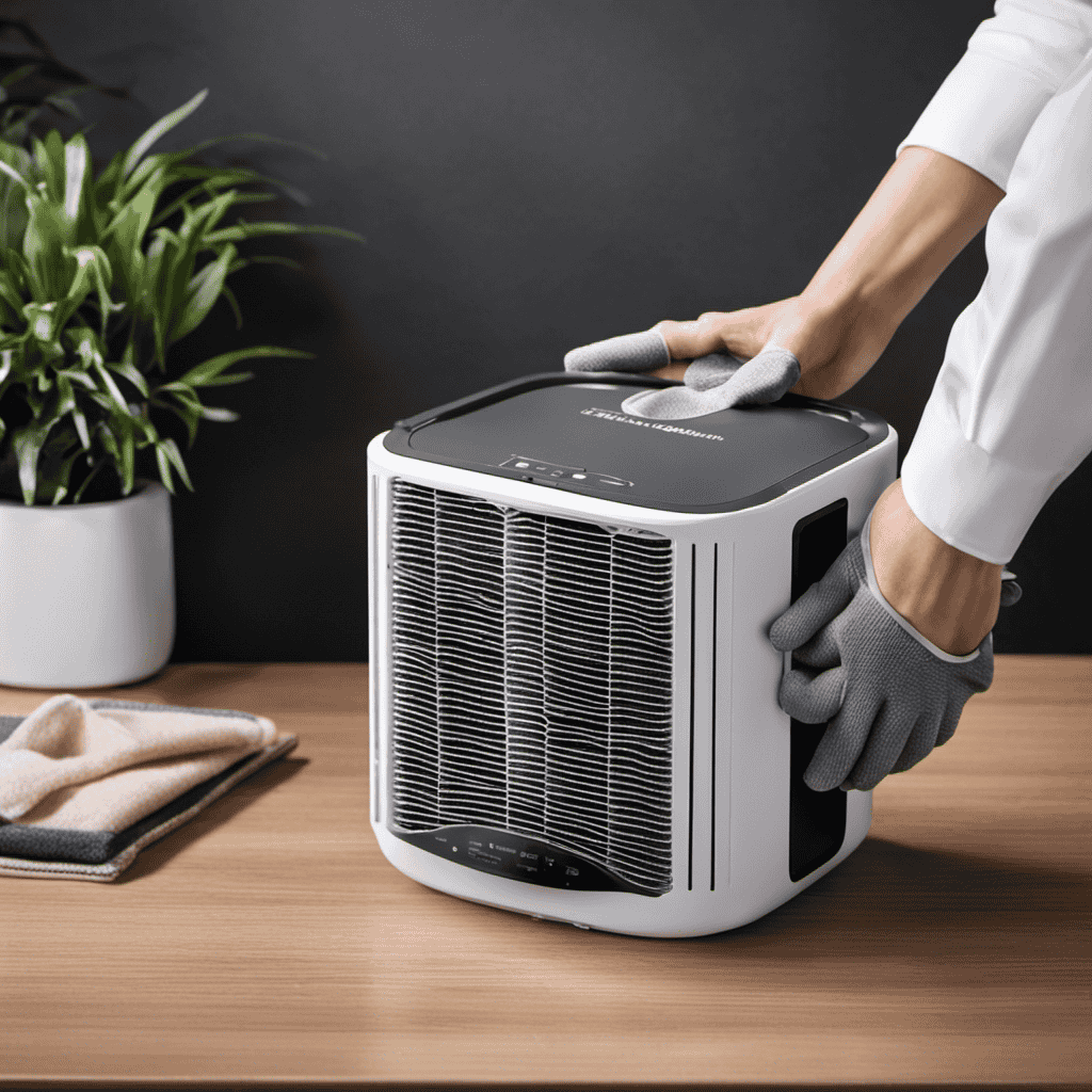 An image showcasing a person wearing gloves, carefully removing the dirty air purifier filter from the device