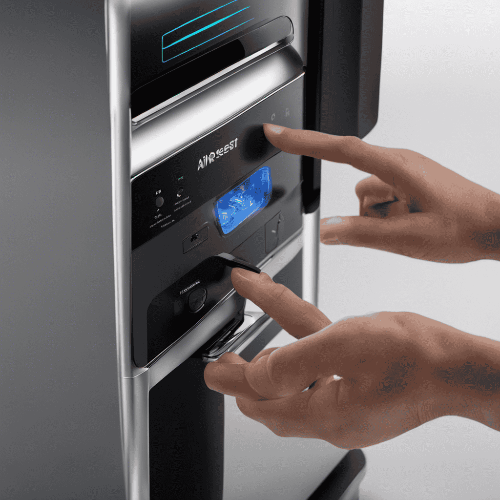 An image showcasing hands gently pressing the power button of an air purifier, while another hand simultaneously holds down the reset button with a paperclip, illustrating the step-by-step process of resetting the device