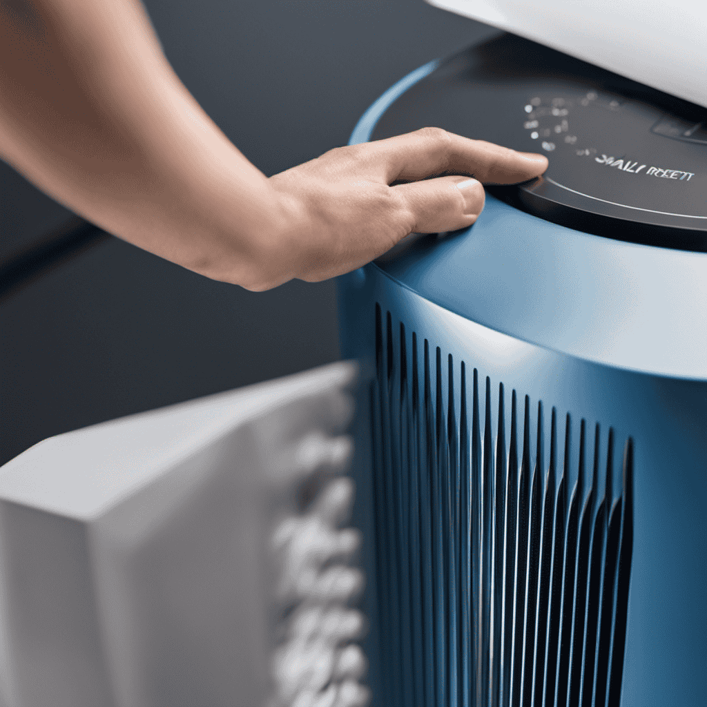 -up shot of a person's hand firmly pressing the small reset button located on the side of the Blue Air Purifier, with a newly replaced filter visible in the background
